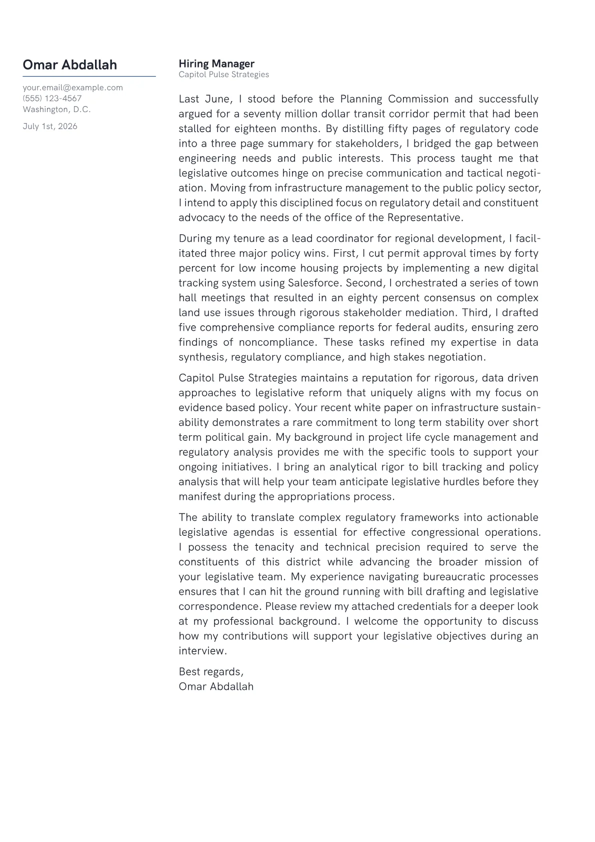 Congressional Staffer cover letter in the Margin design