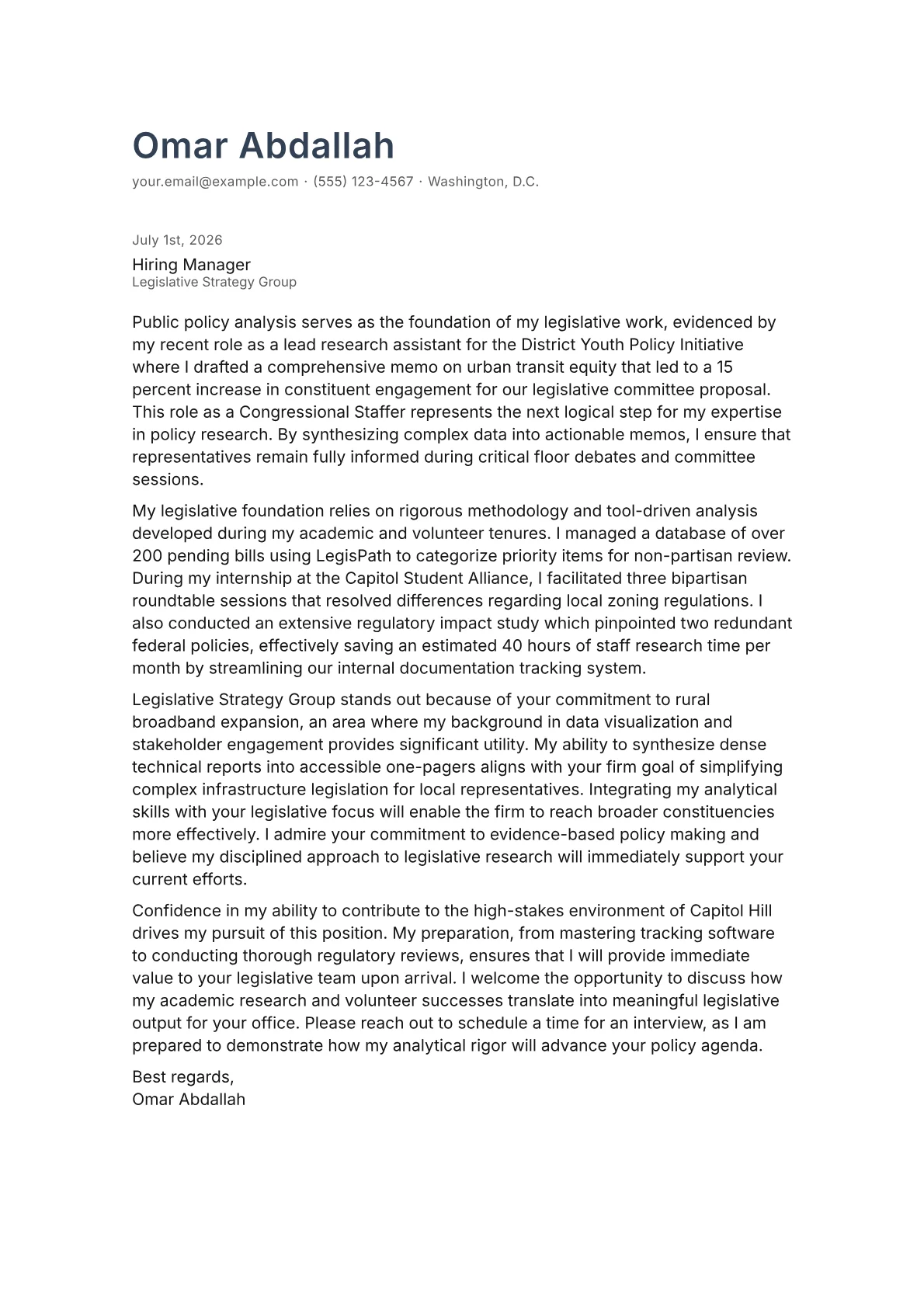 Congressional Staffer cover letter in the Minimal design