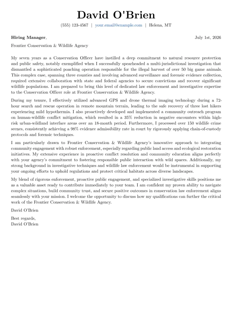 Conservation Officer cover letter example preview