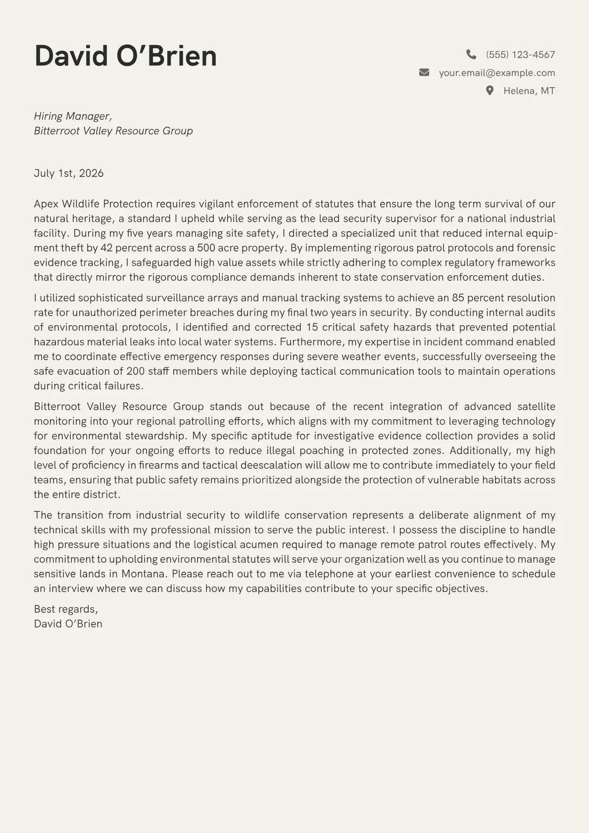 Conservation Officer cover letter in the Creative design