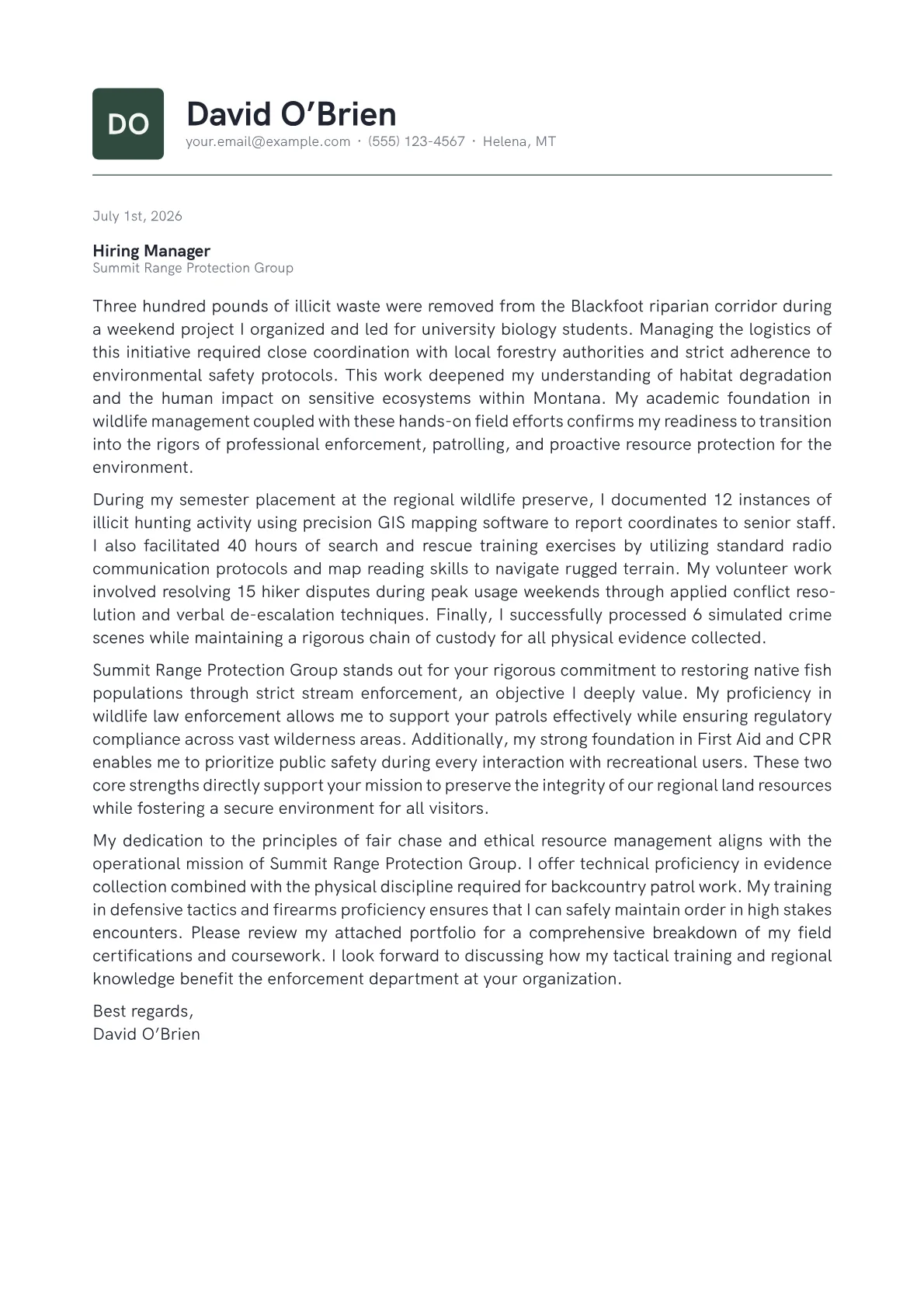 Conservation Officer cover letter in the Emblem design