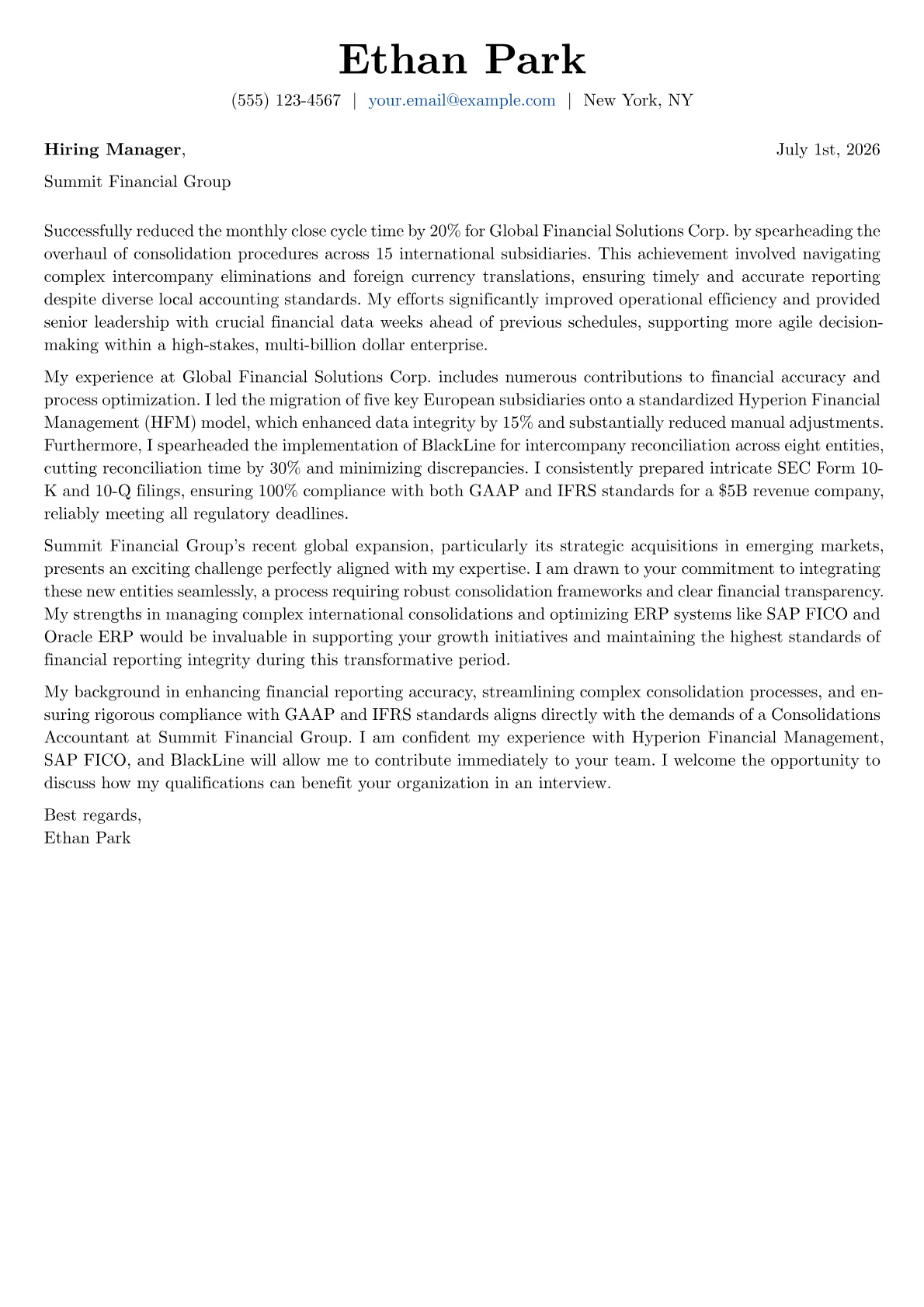 Consolidations Accountant cover letter formatted with a JobSprout template