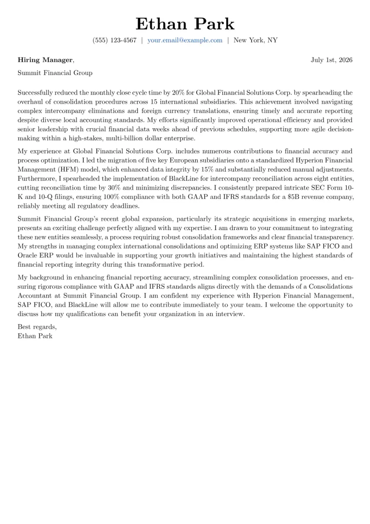 Consolidations Accountant cover letter example preview