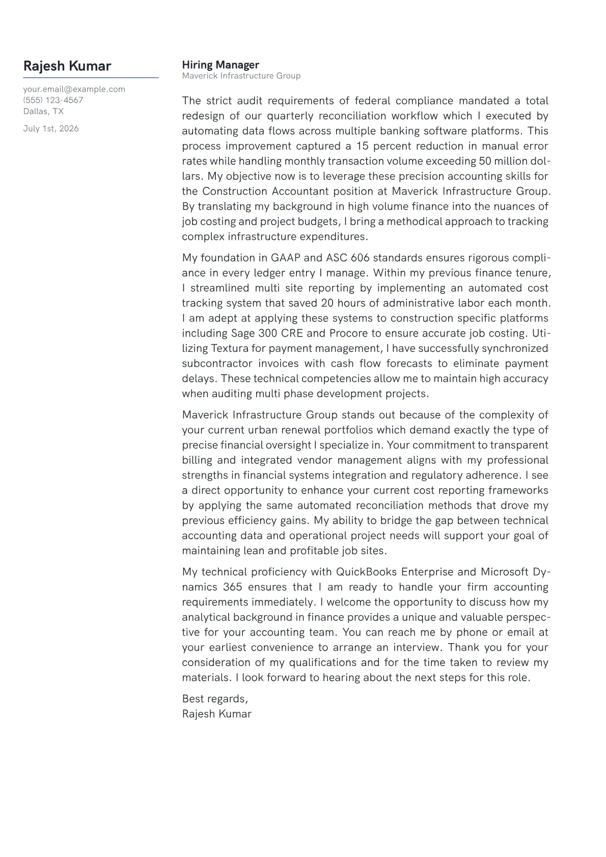 Construction Accountant cover letter in the Margin design