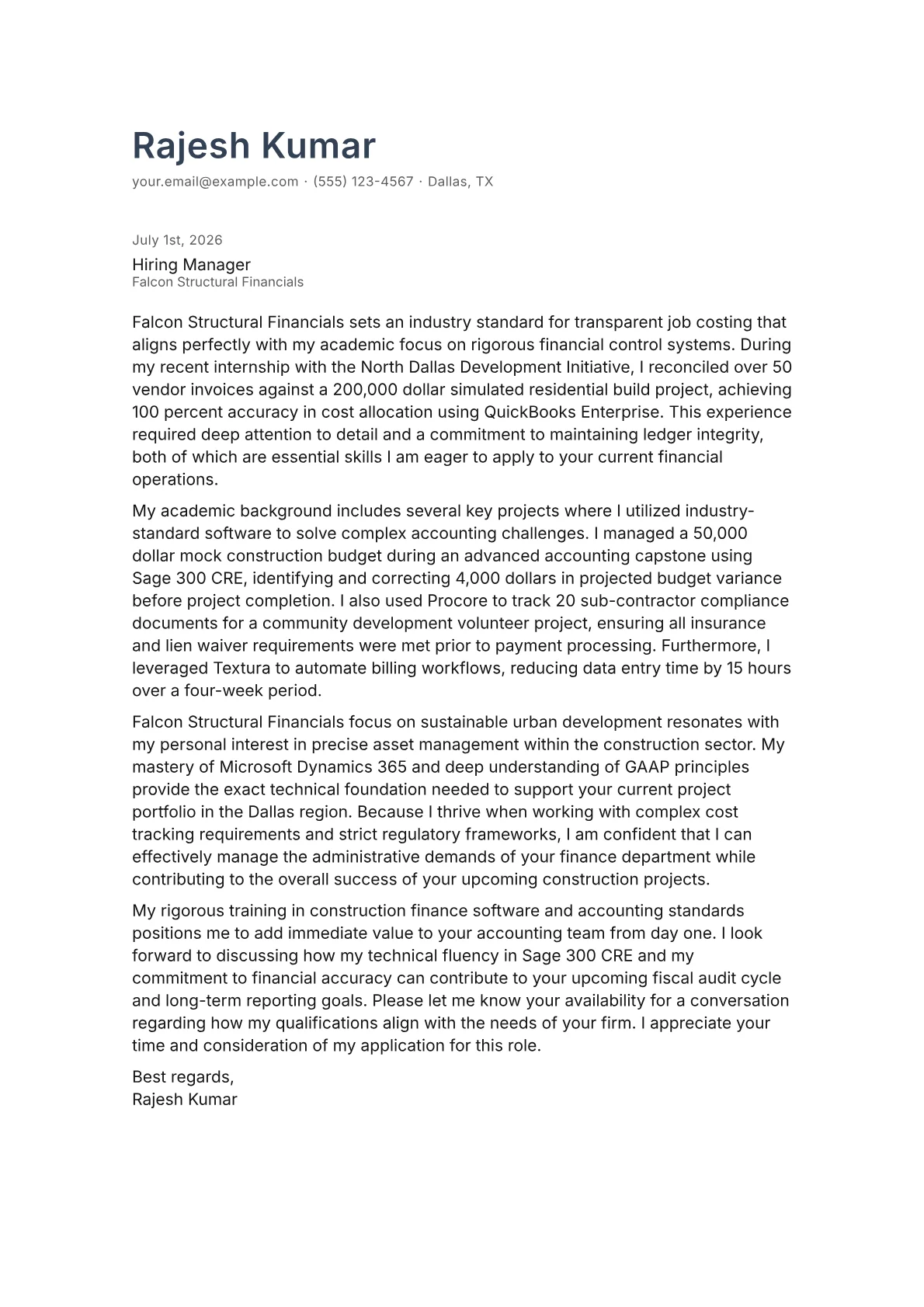 Construction Accountant cover letter in the Minimal design