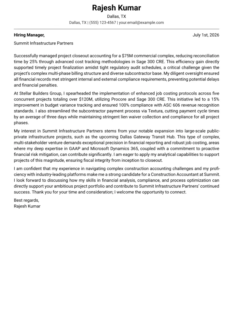 Construction Accountant Cover Letter Example