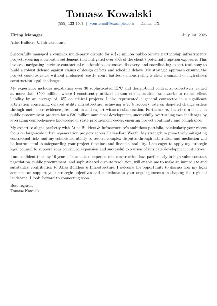 Construction Attorney cover letter example