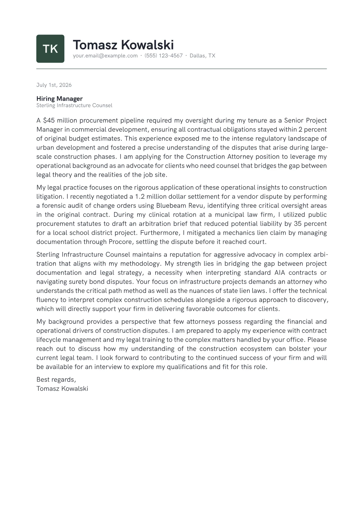 Construction Attorney cover letter in the Emblem design
