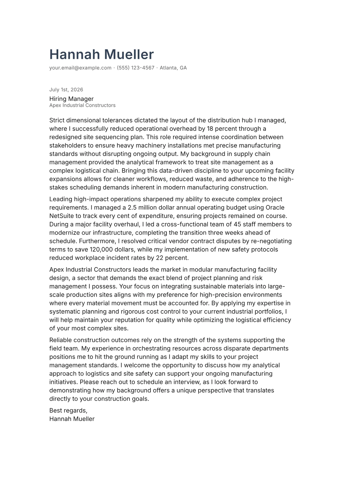 Construction cover letter in the Minimal design