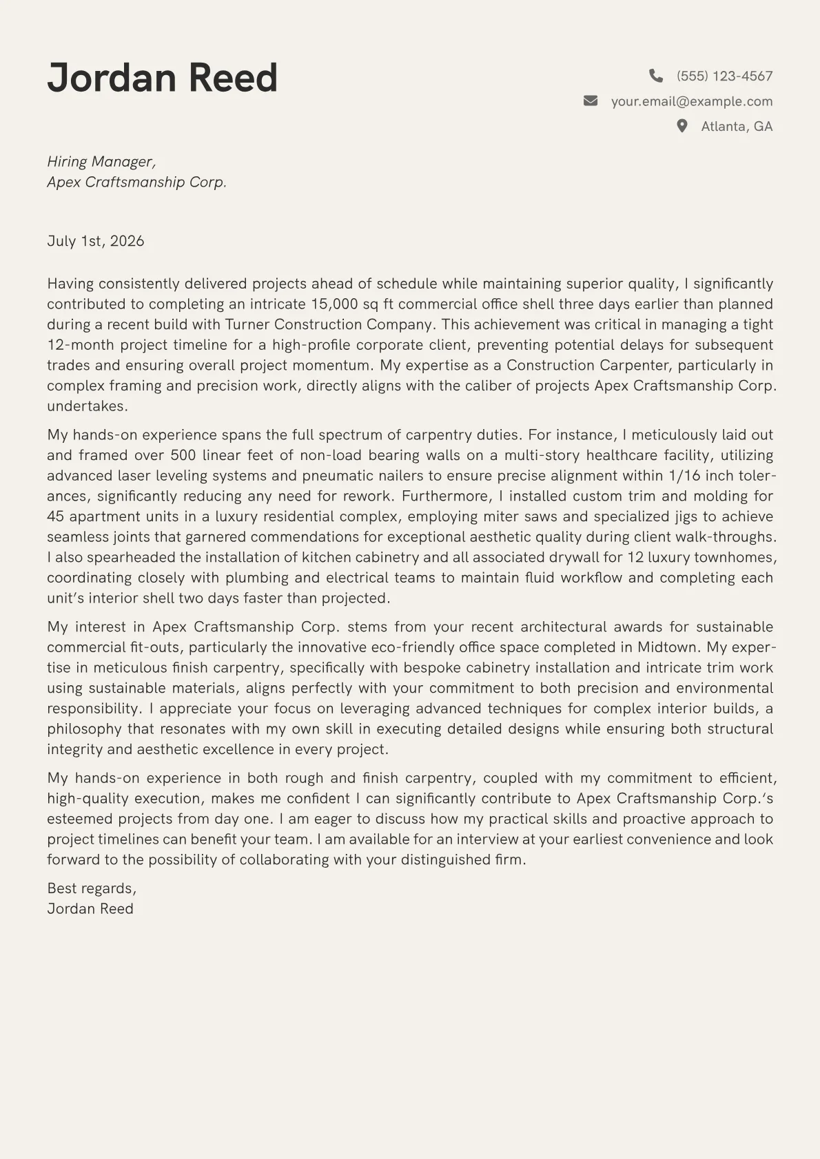 Construction Carpenter cover letter formatted with a JobSprout template