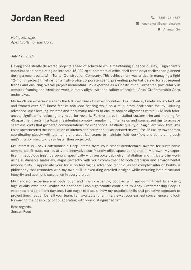 Construction Carpenter cover letter example preview