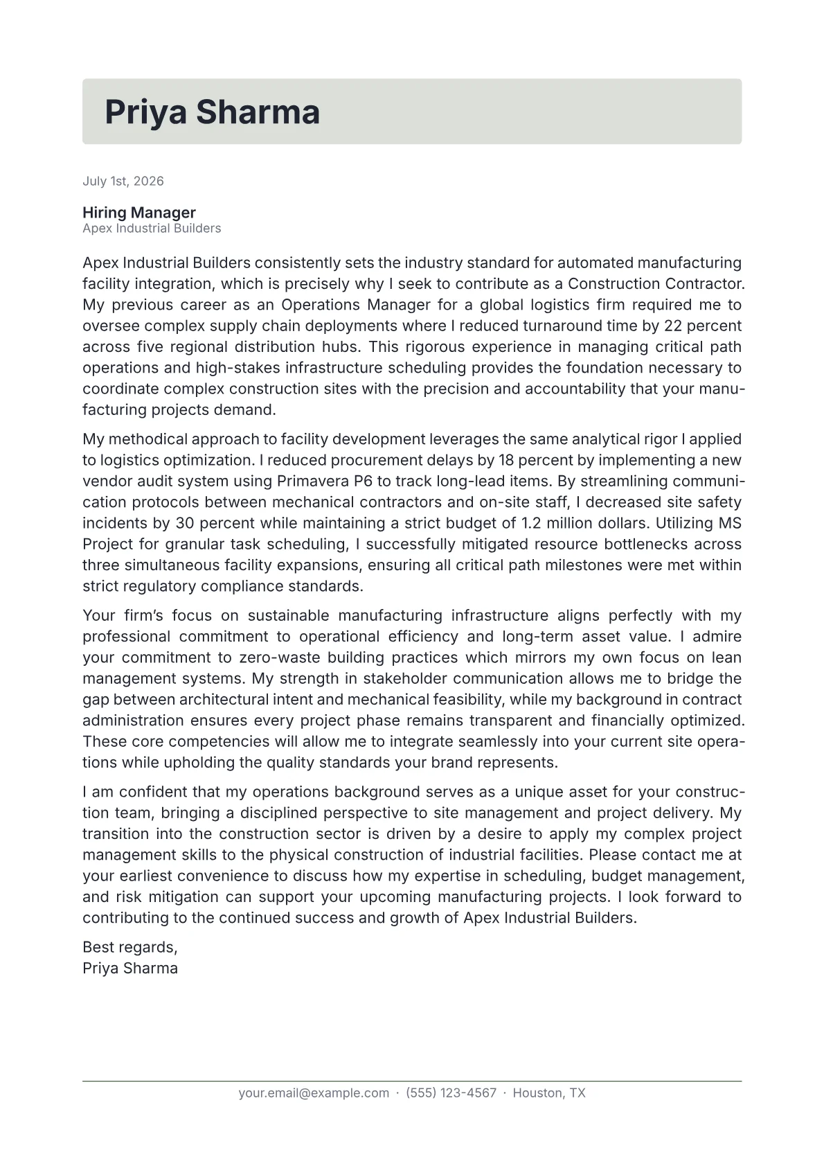 Construction Contractor cover letter formatted with a JobSprout template