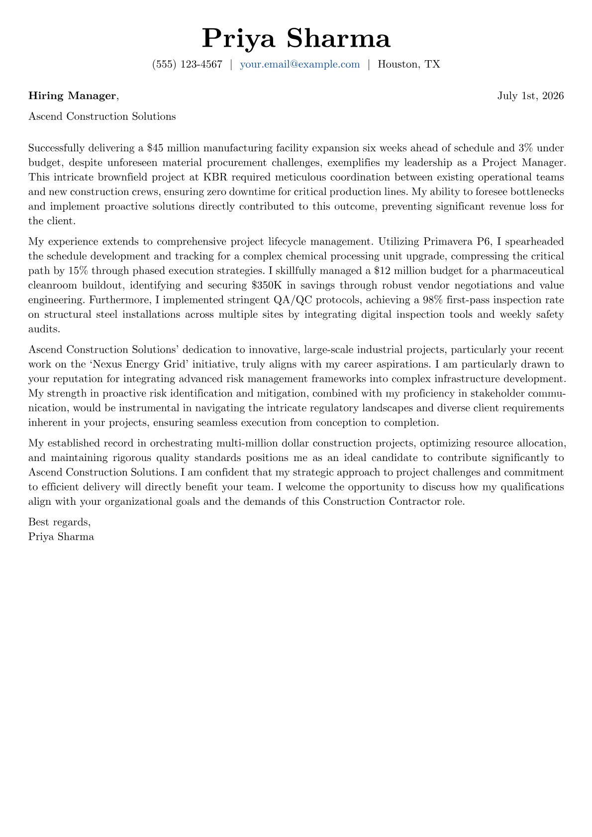 Construction Contractor cover letter formatted with a JobSprout template