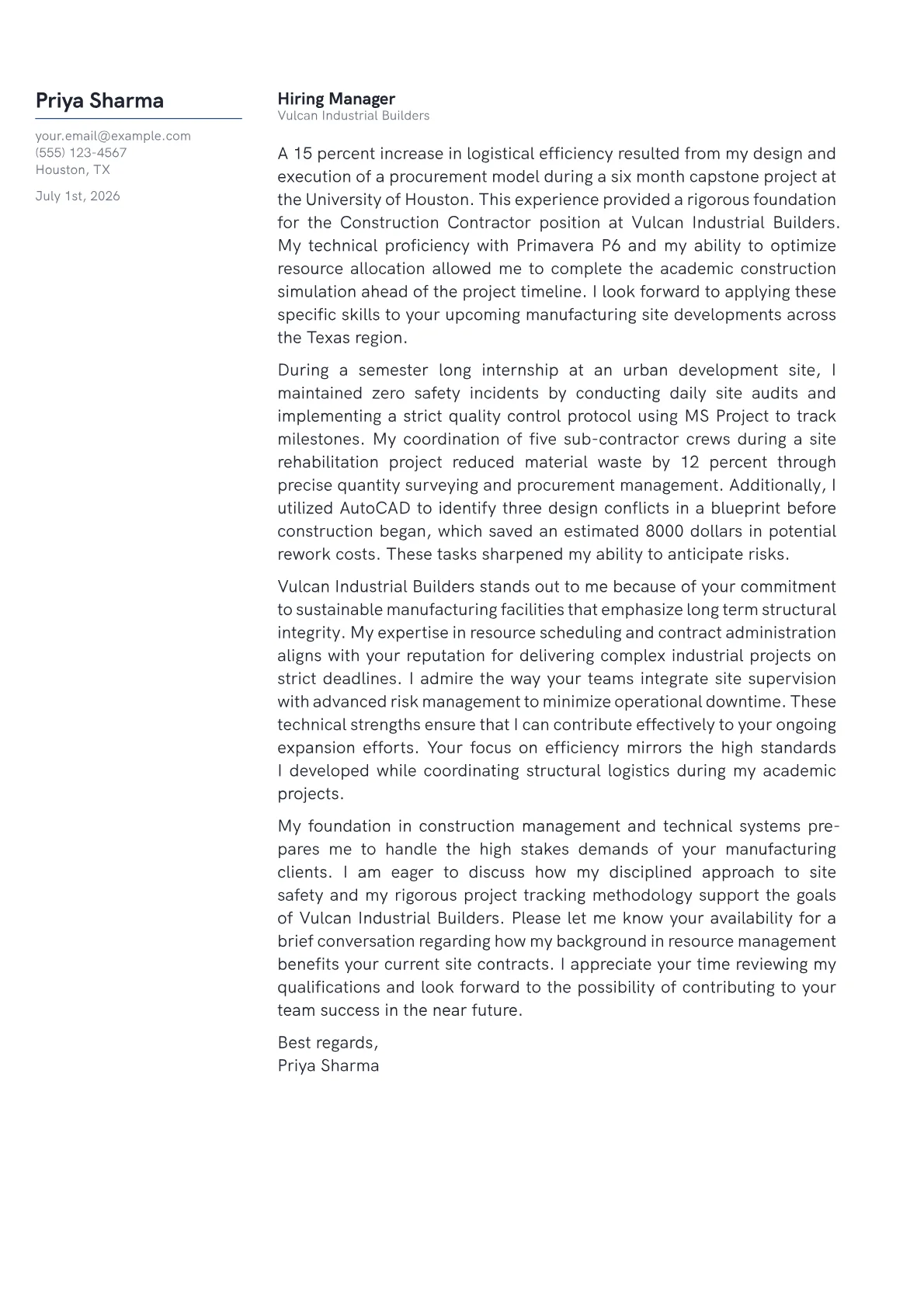 Construction Contractor cover letter formatted with a JobSprout template