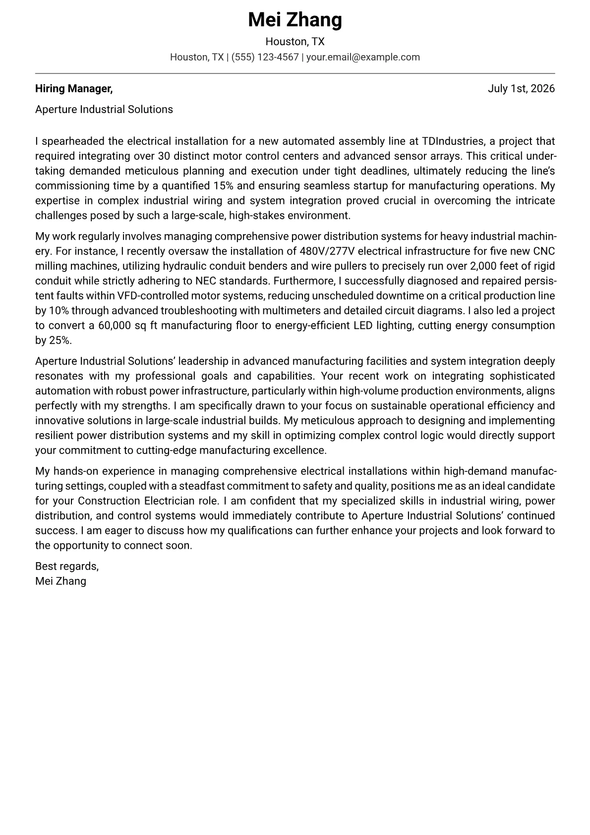 Construction Electrician cover letter formatted with a JobSprout template