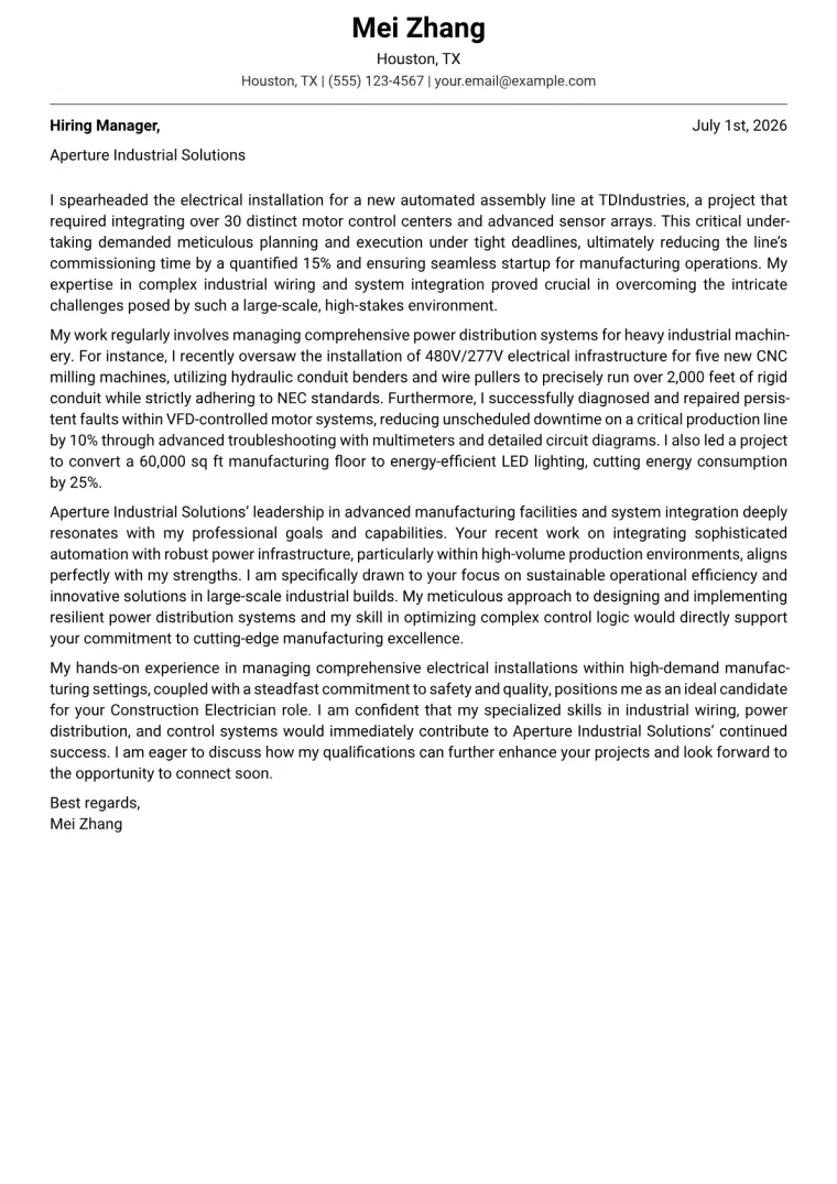 Construction Electrician cover letter example preview