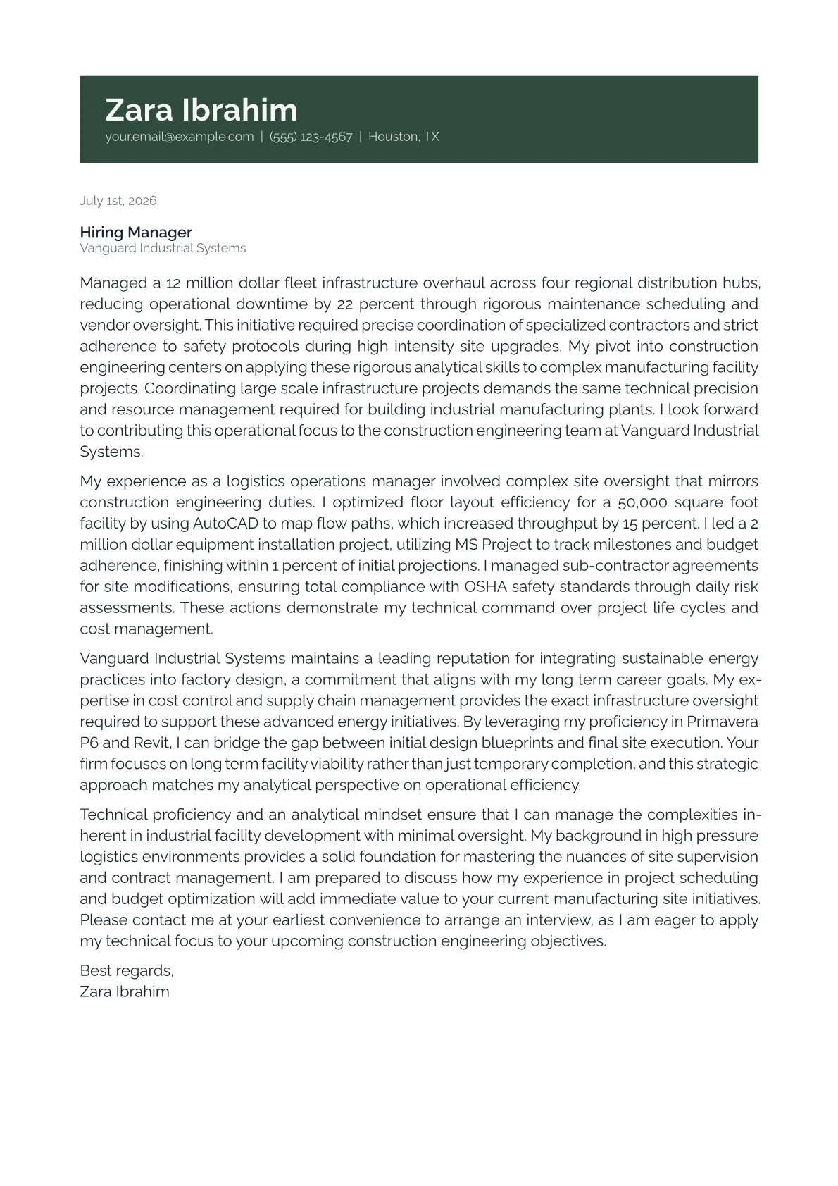 Construction Engineer cover letter in the Banner design