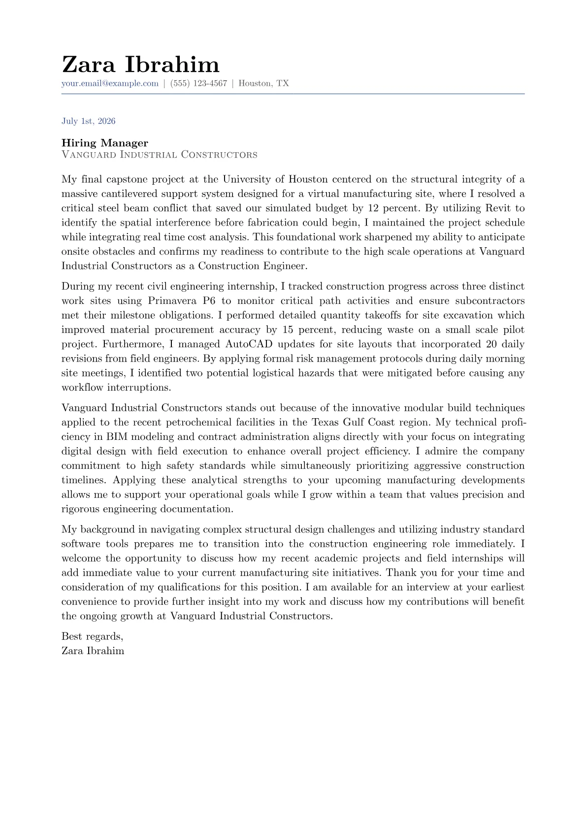 Construction Engineer cover letter in the Classic design
