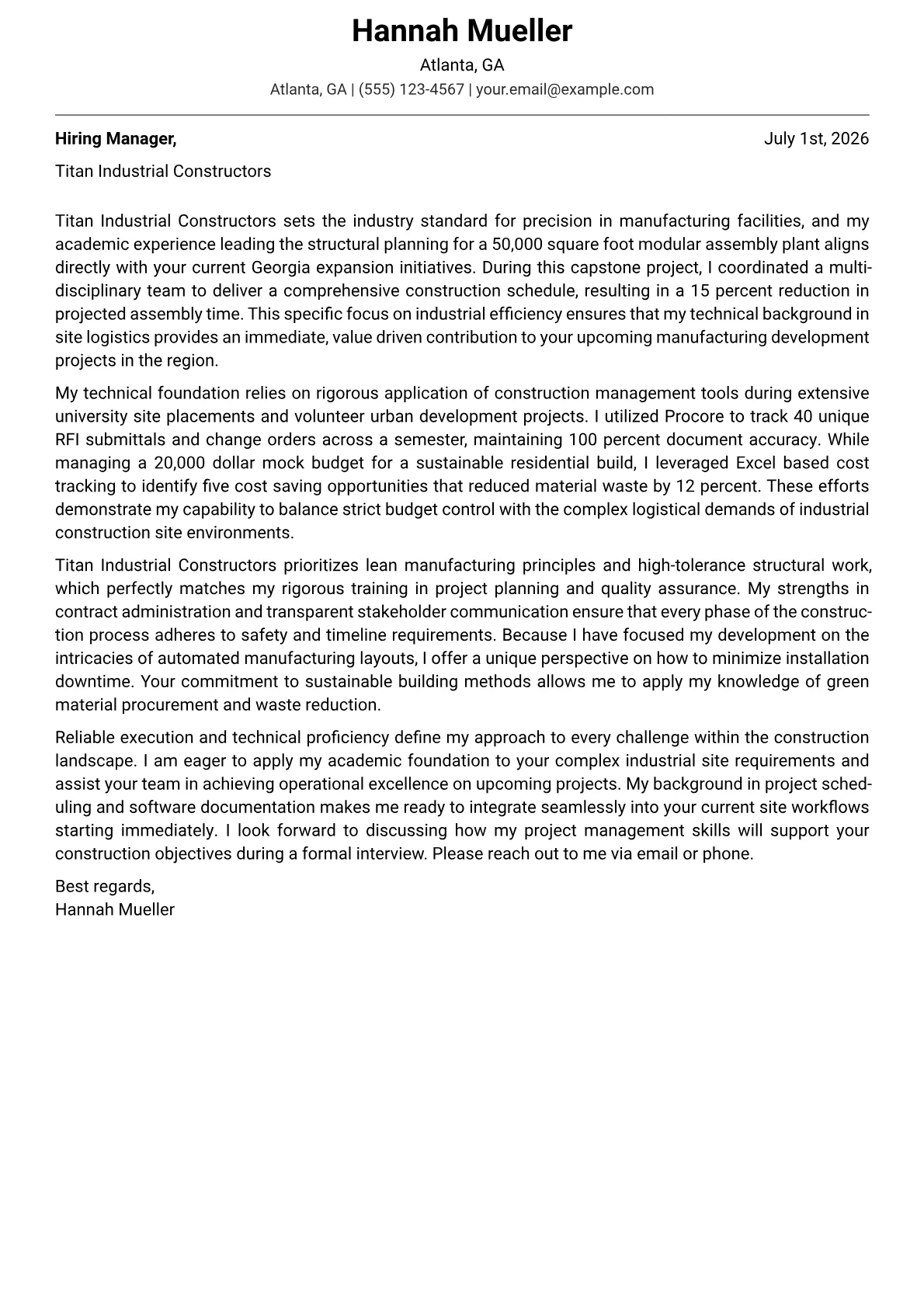 Construction cover letter in the Modern design