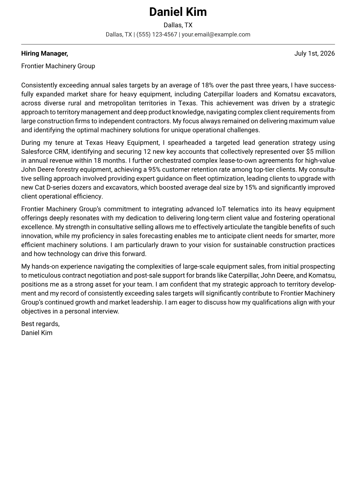 Construction Equipment Sales cover letter formatted with a JobSprout template