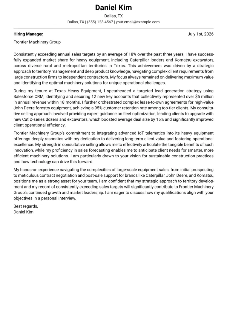 Construction Equipment Sales Cover Letter Example