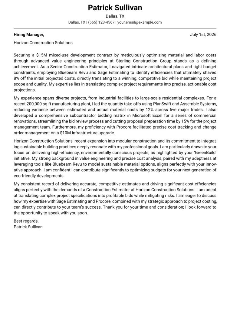 Construction Estimator cover letter example preview