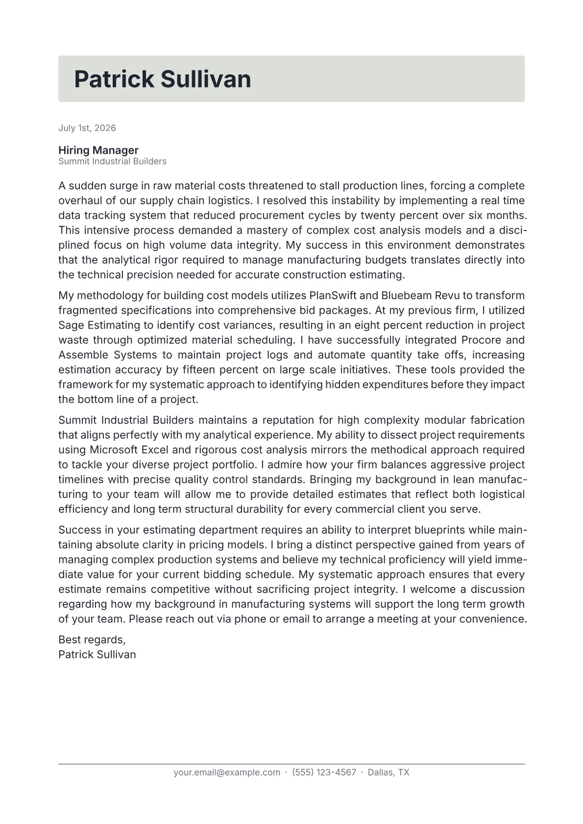 Construction Estimator cover letter in the Letterhead design