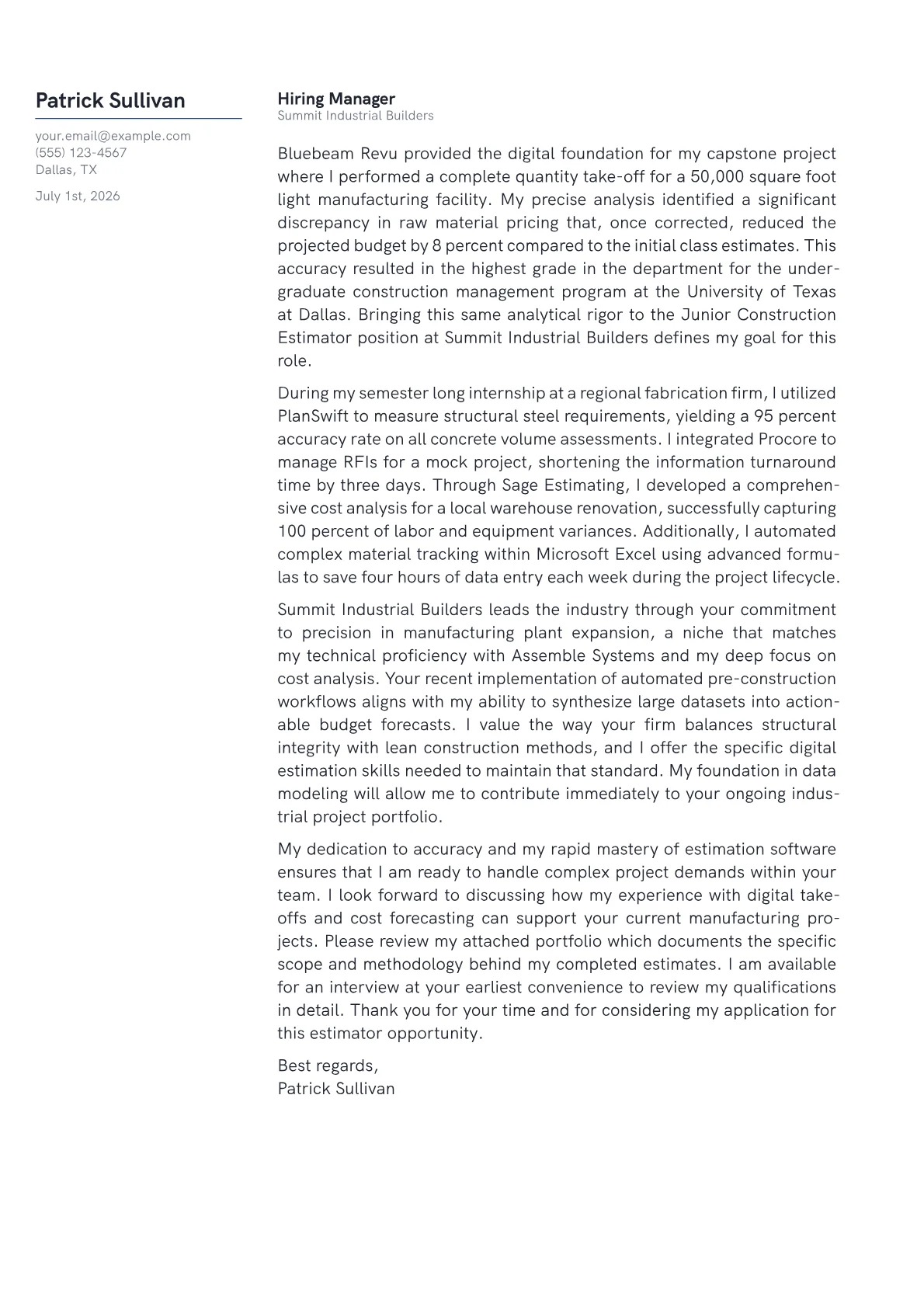 Construction Estimator cover letter in the Margin design