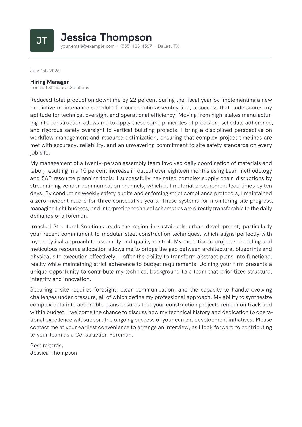 Construction Foreman cover letter in the Emblem design