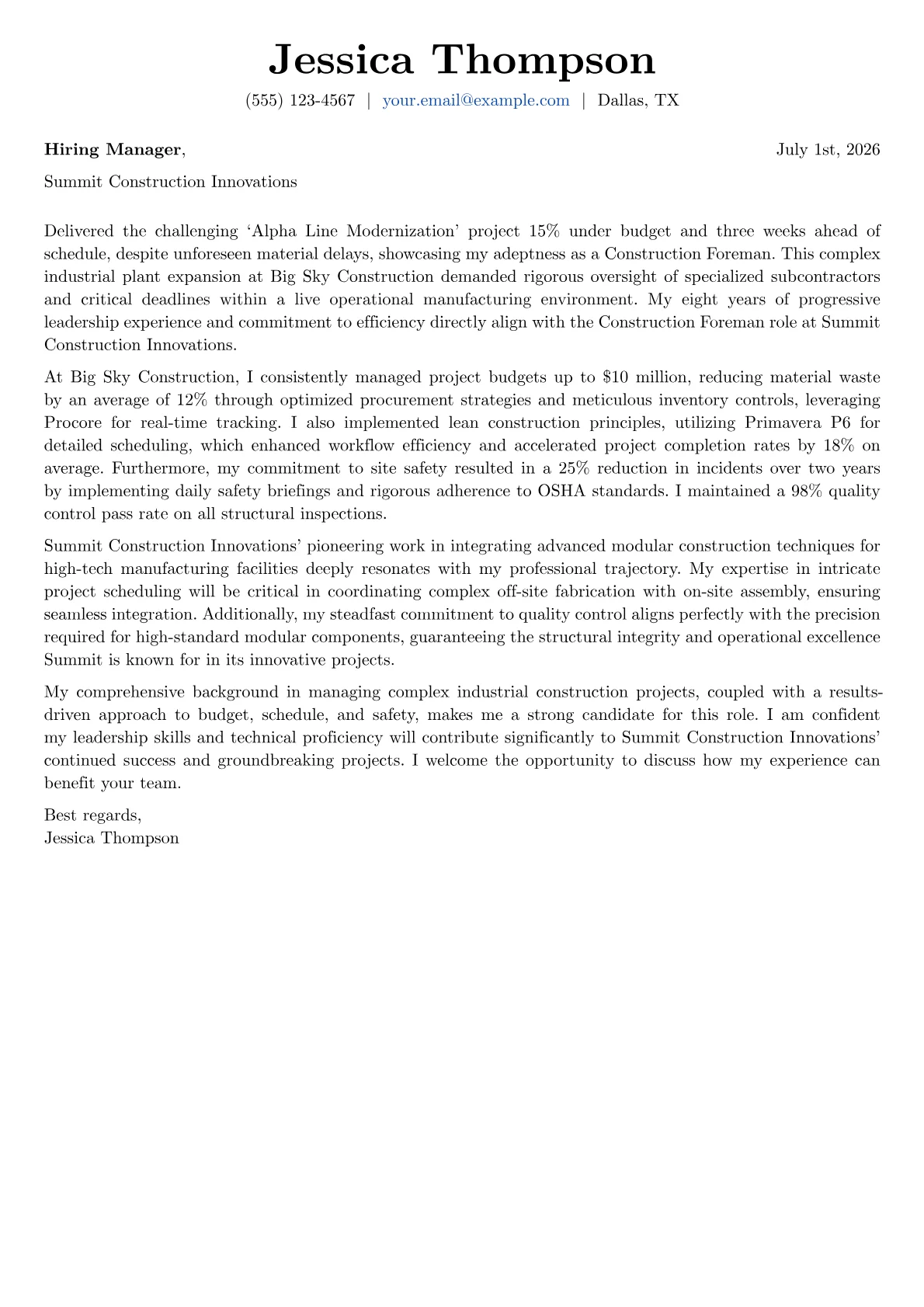 Construction Foreman cover letter formatted with a JobSprout template