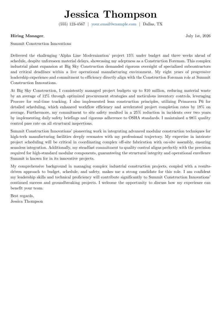 Construction Foreman cover letter example preview