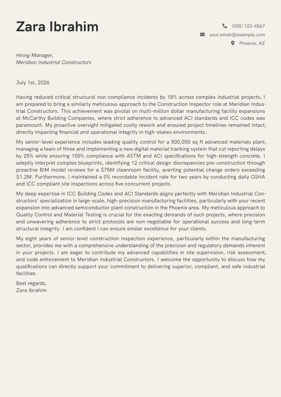 Construction Inspector cover letter formatted with a JobSprout template