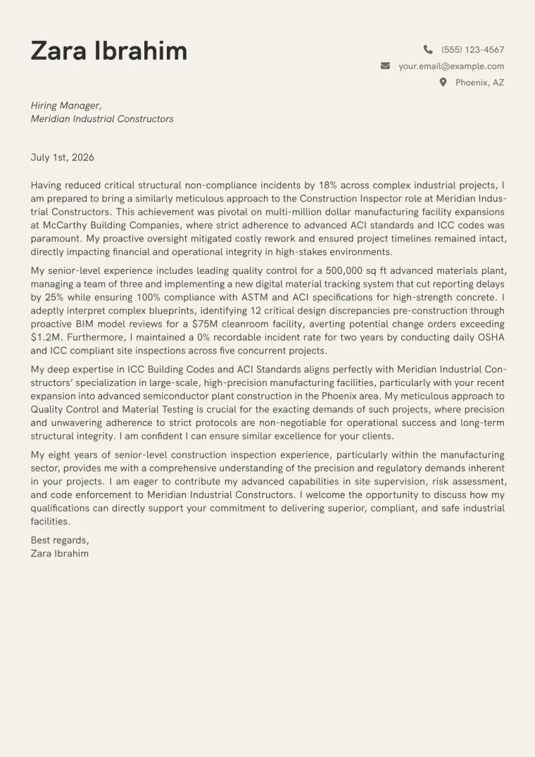 Construction Inspector cover letter example preview