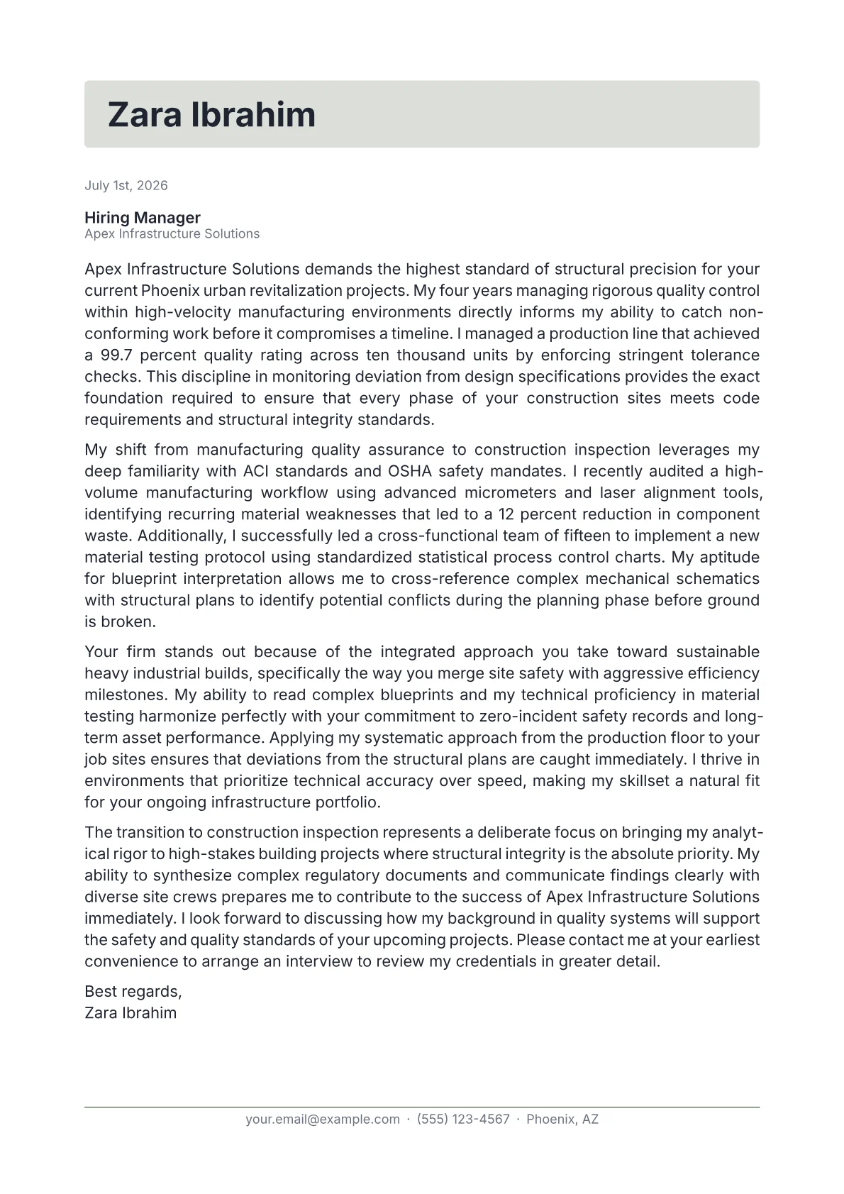 Construction Inspector cover letter in the Letterhead design