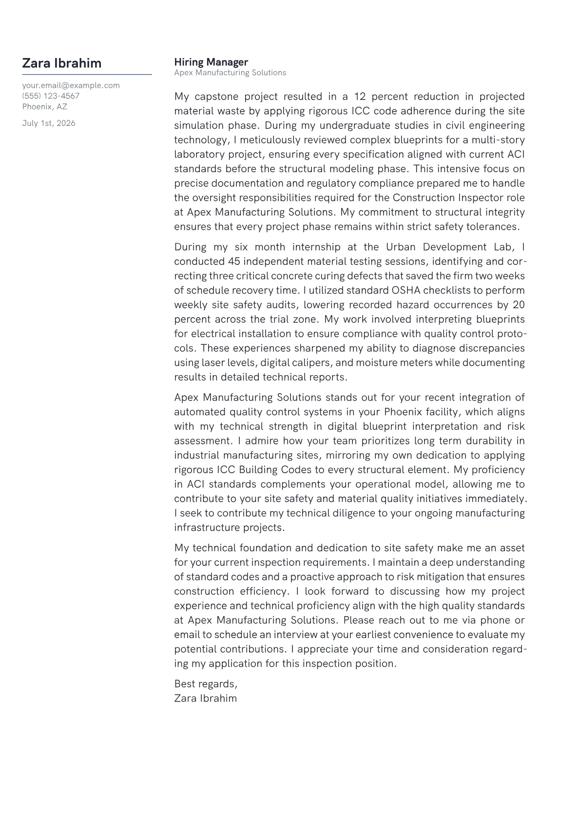 Construction Inspector cover letter in the Margin design