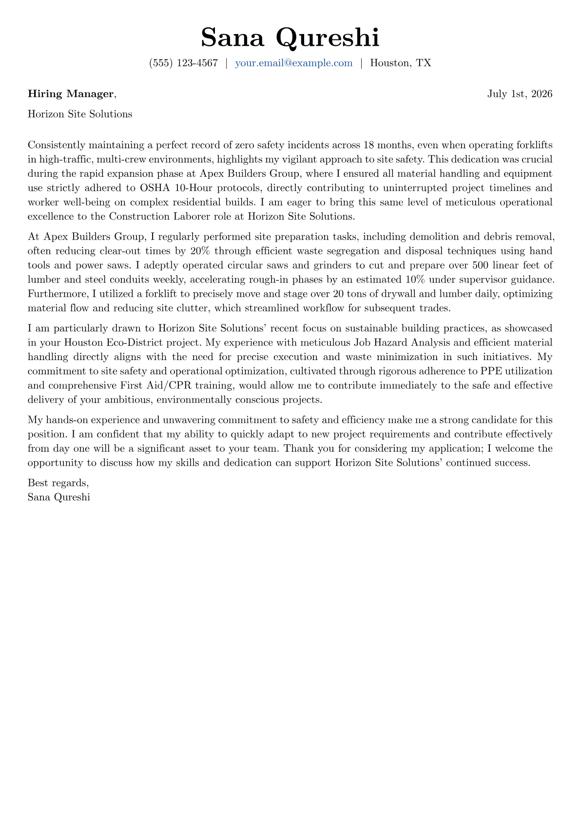 Construction Laborer cover letter formatted with a JobSprout template