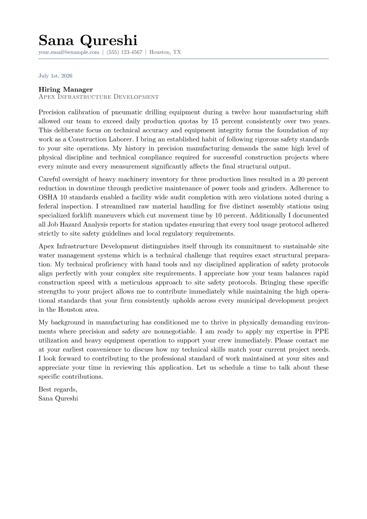Construction Laborer cover letter in the Classic design