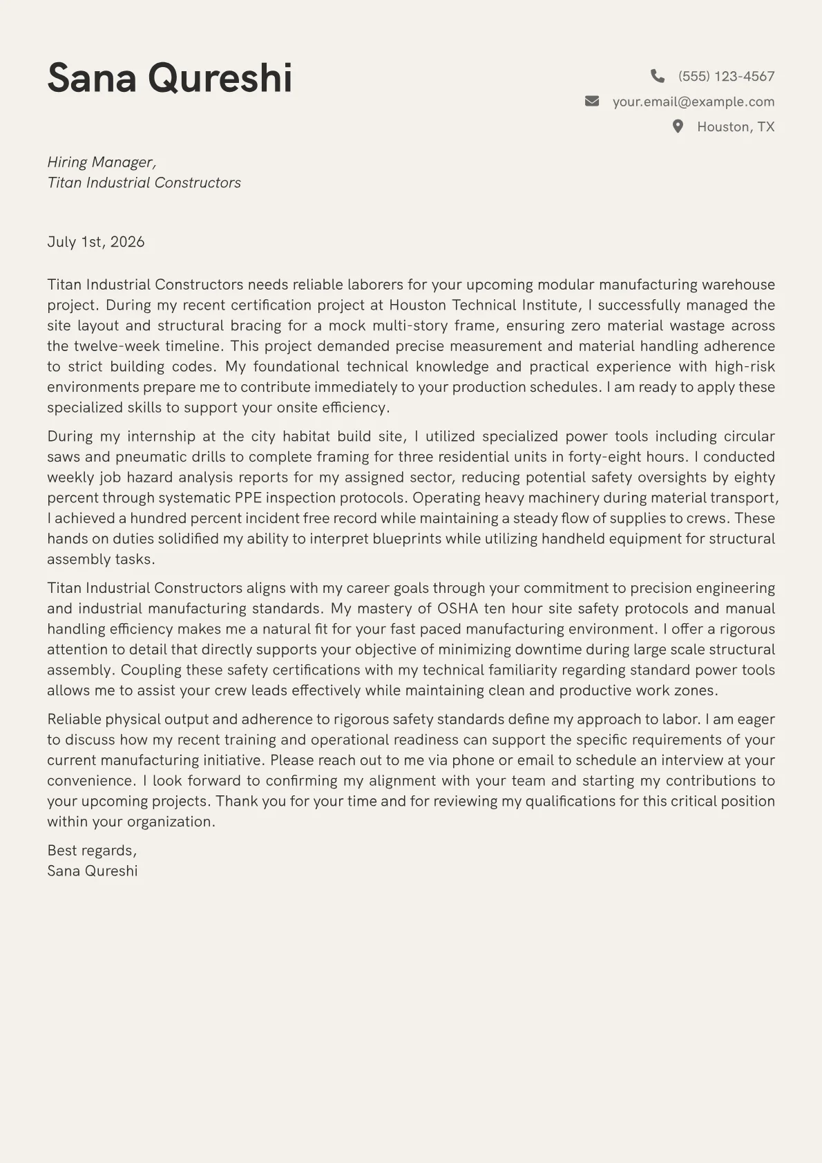 Construction Laborer cover letter in the Creative design