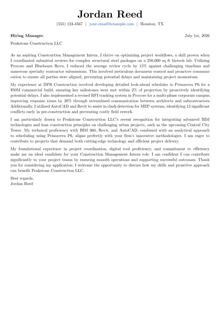 Construction Management Intern Cover Letter Example