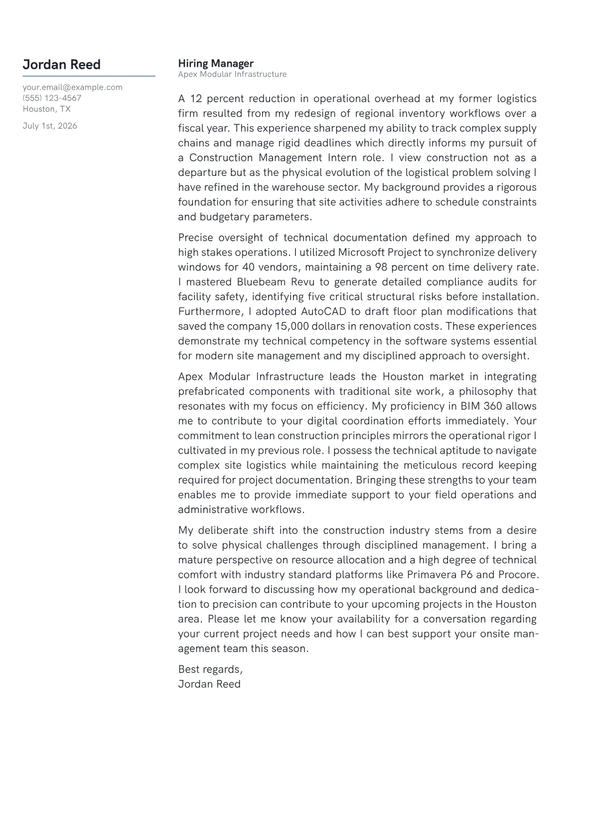 Construction Management Intern cover letter in the Margin design