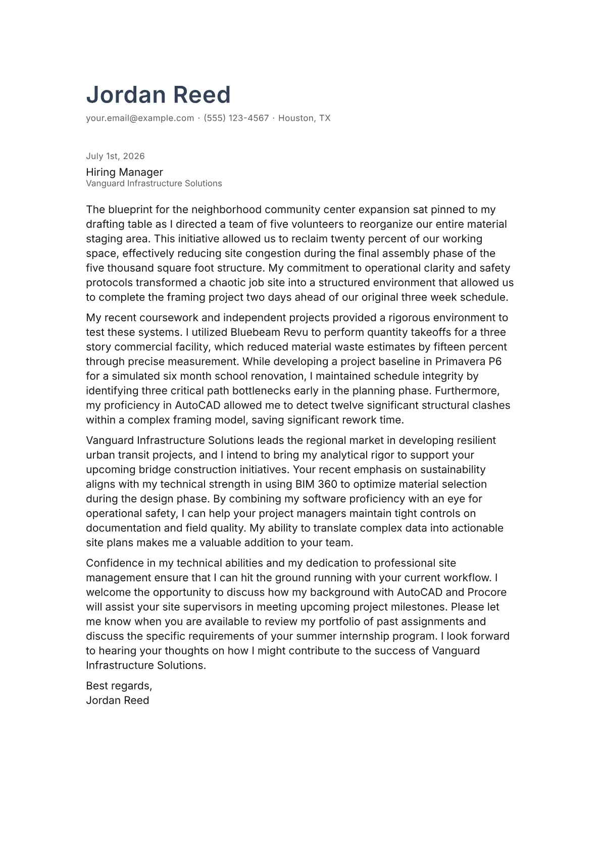 Construction Management Intern cover letter in the Minimal design