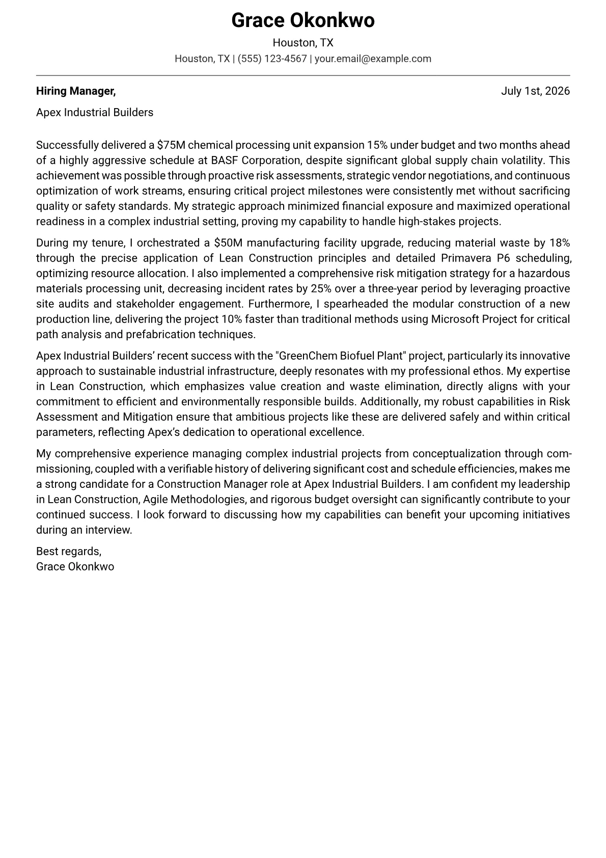 Construction Manager cover letter formatted with a JobSprout template
