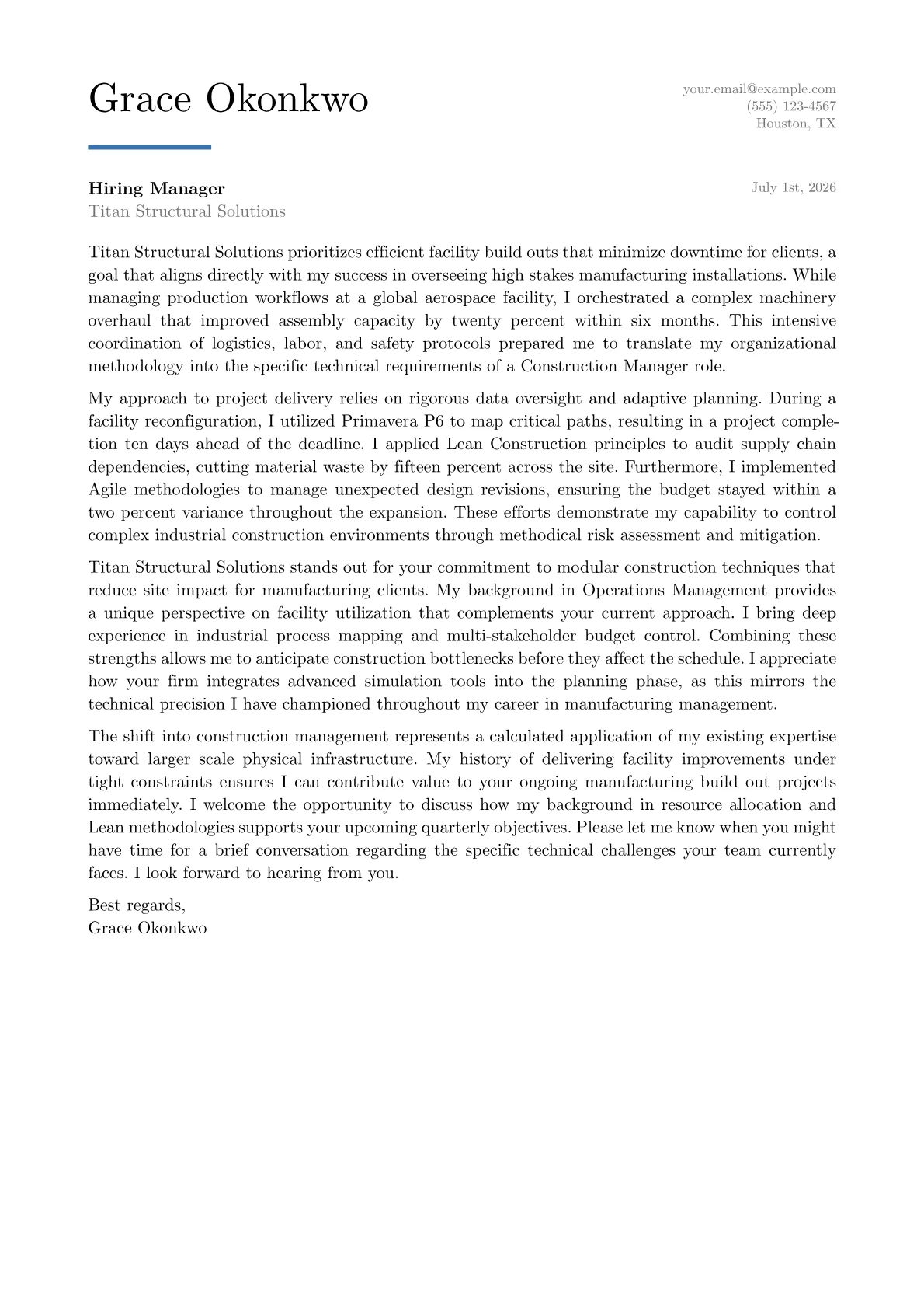 Construction Manager cover letter in the Executive design