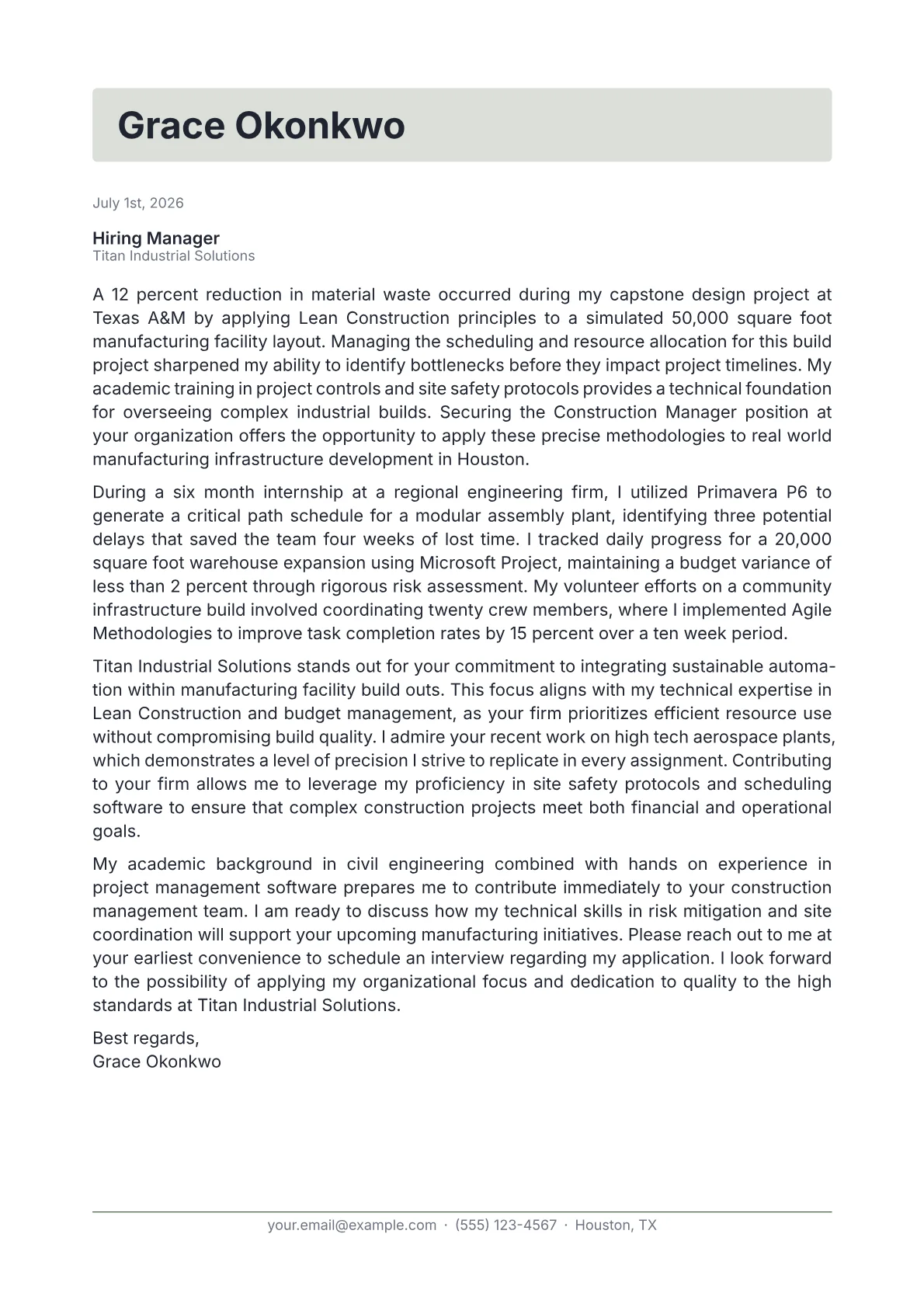 Construction Manager cover letter in the Letterhead design