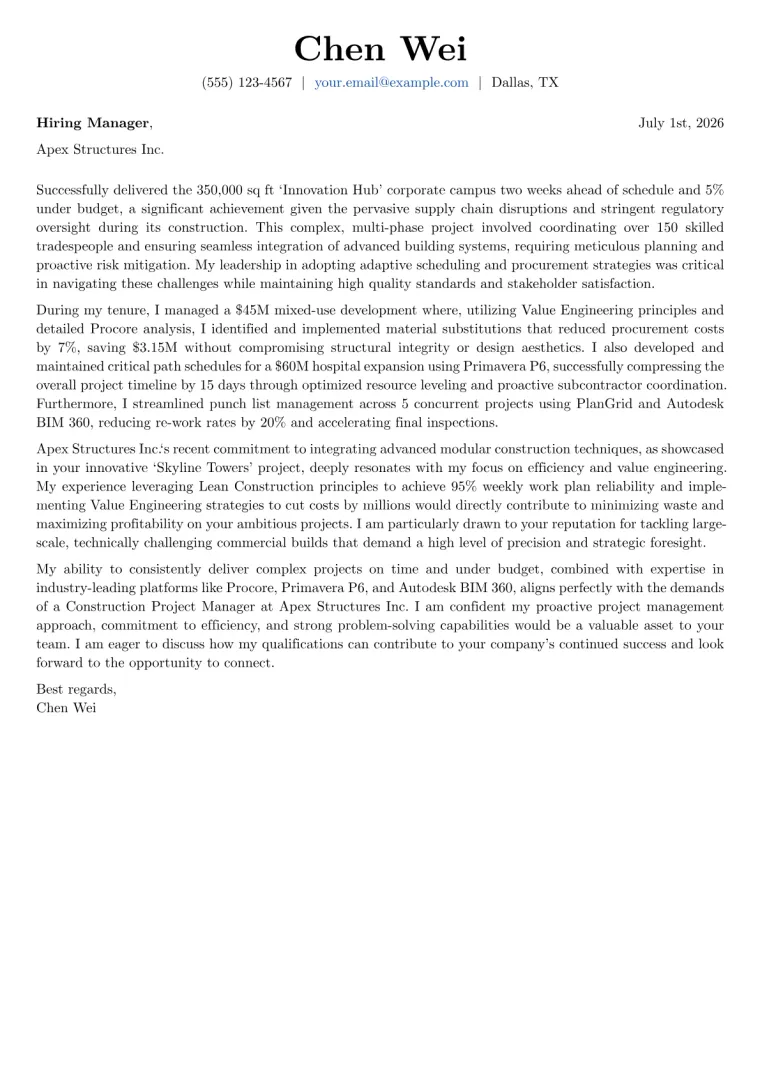Construction Project Manager Cover Letter Example