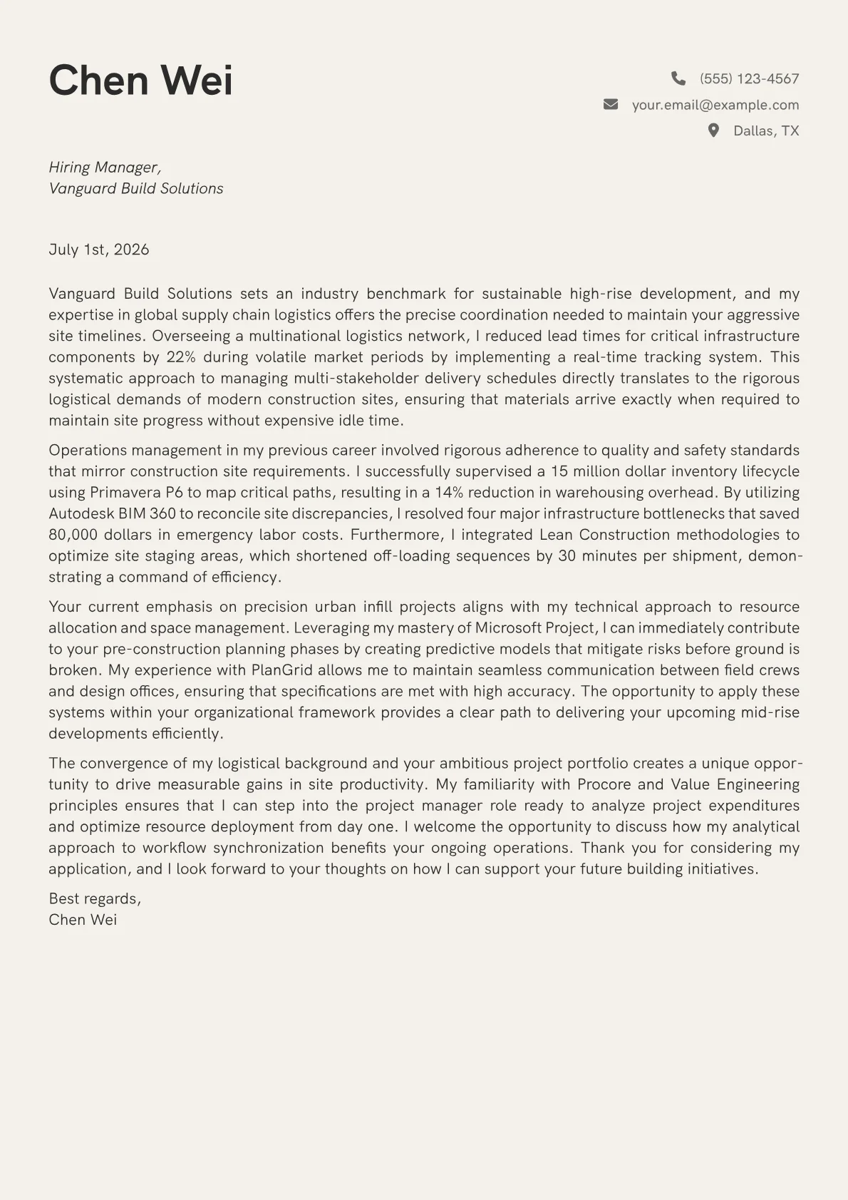 Construction Project Manager cover letter in the Creative design