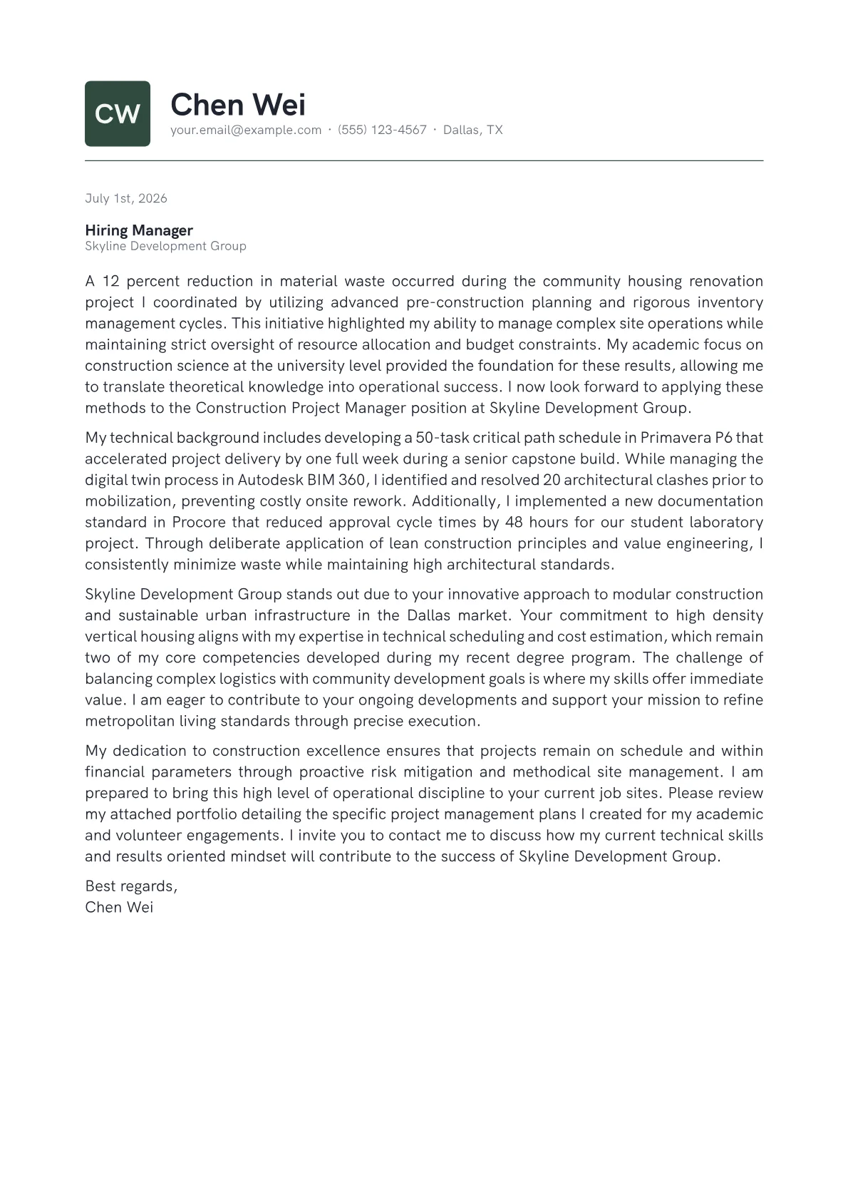 Construction Project Manager cover letter in the Emblem design
