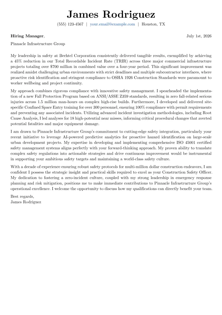 Construction Safety Officer cover letter example preview