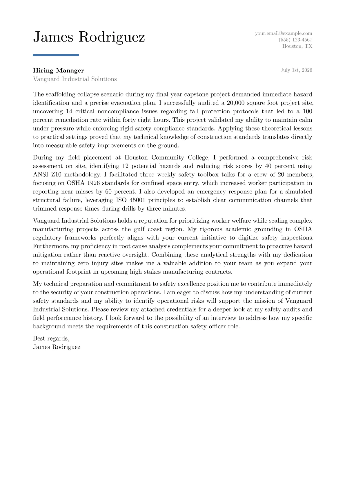 Construction Safety Officer cover letter in the Executive design