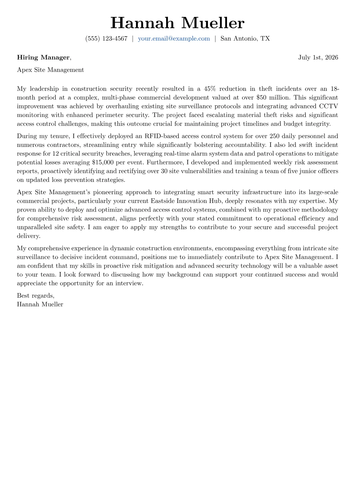 Construction Security Officer cover letter formatted with a JobSprout template